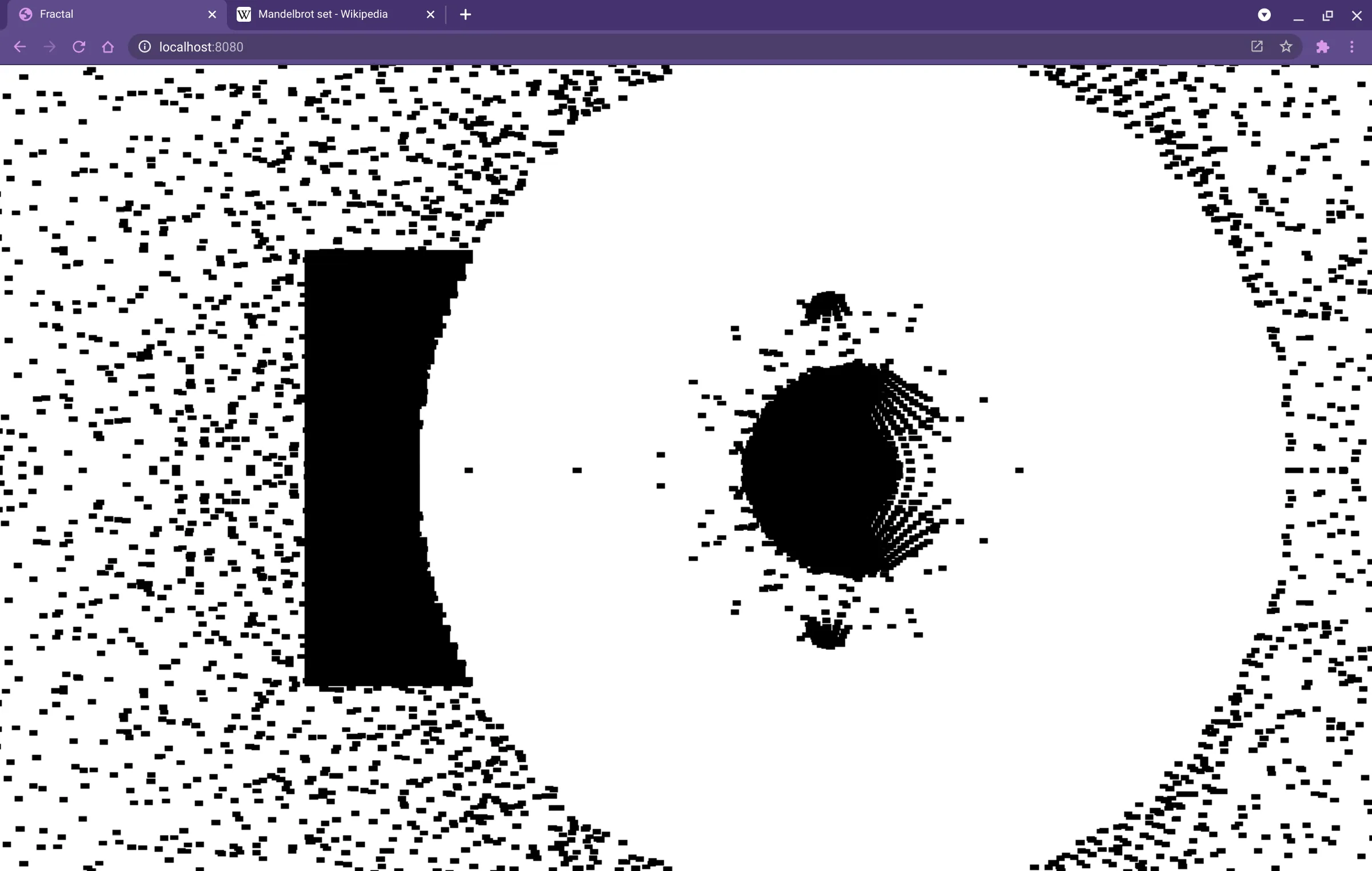 Large black and white pixels looking a bit like... I don't know. Perhaps a diagram of what happened when the guy dropped the lid of the demon core. There's definitely a feeling of disintegration.