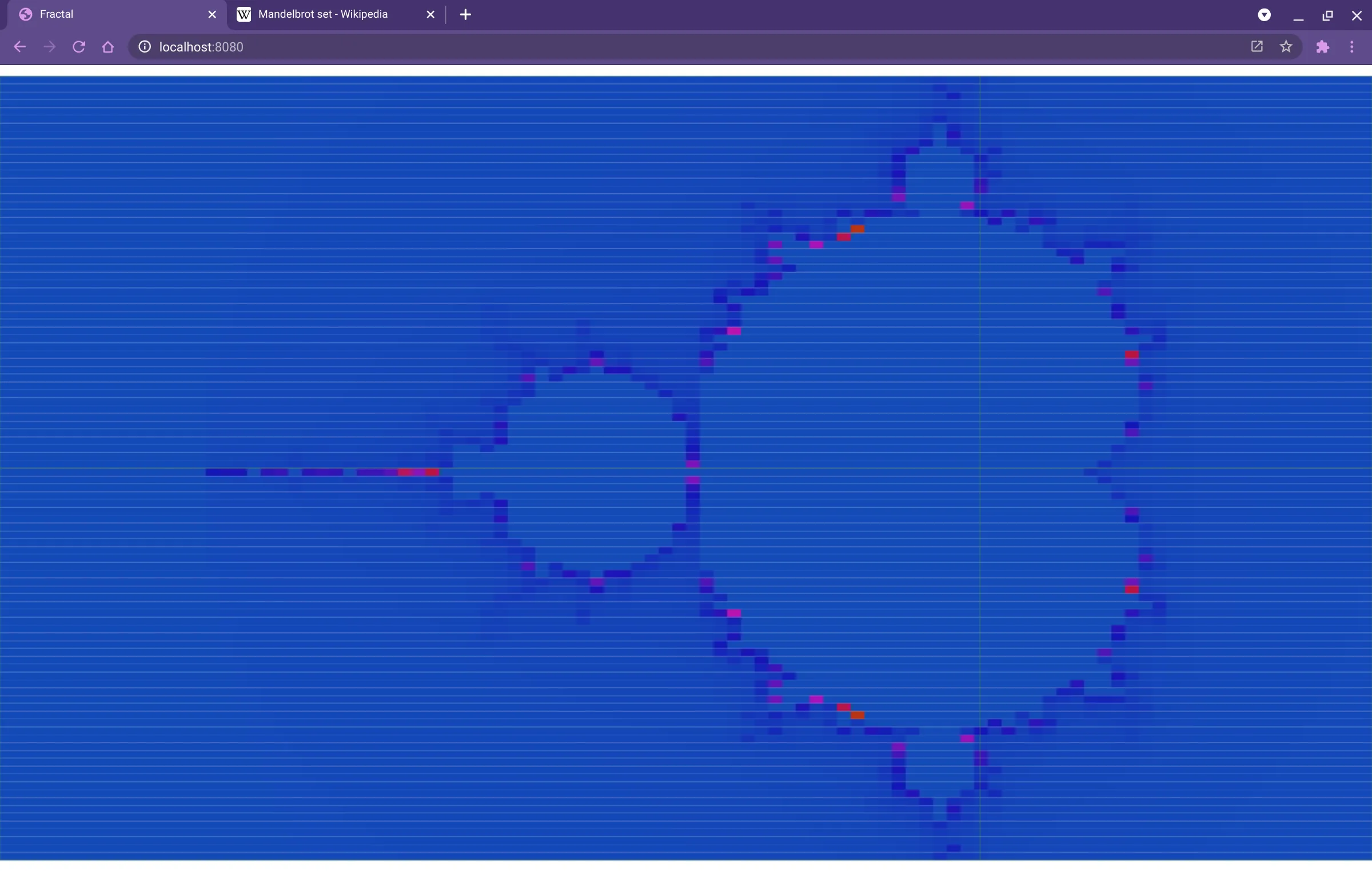 A mostly blue screen with the distinct outline of the Mandelbrot set in purples and pinks, or maybe magenta. There's an unintentional scan line effect giving it a neat, but also unintentional, cyberpunk aesthetic.
