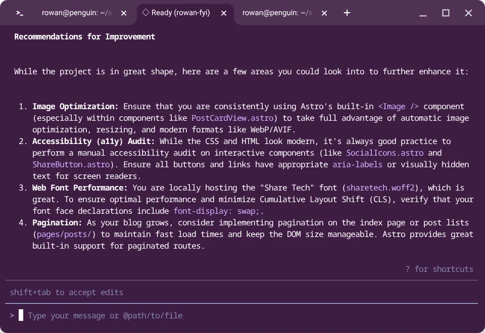 Screenshot from Gemini CLI where it's suggesting some improvements to the codebase of this blog