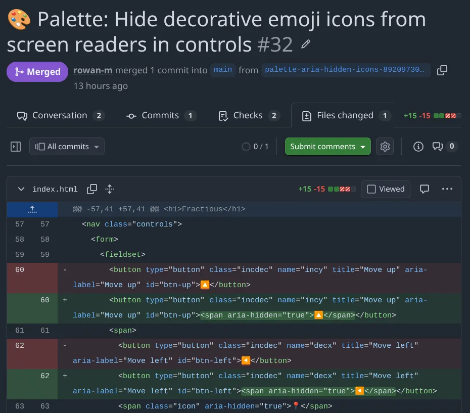 Screenshot of a GitHub pull request with ARIA improvements