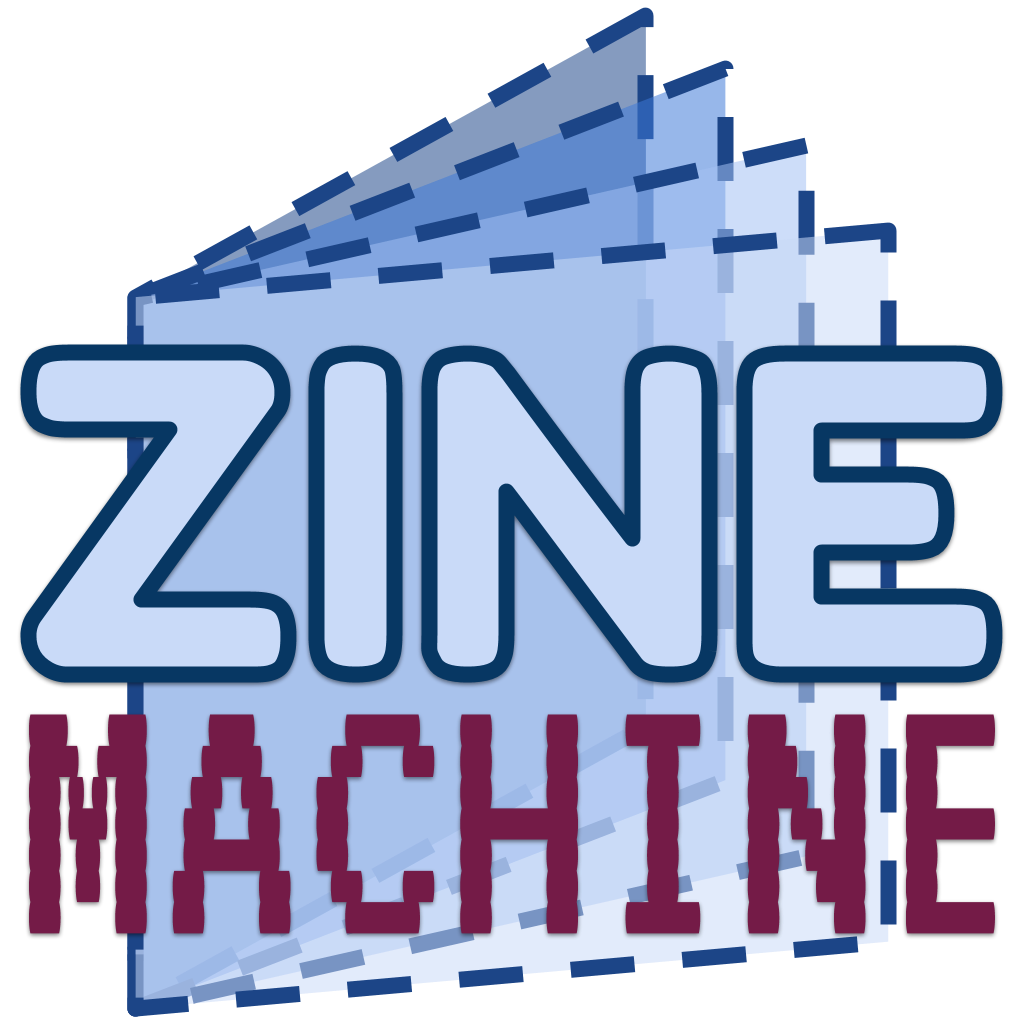 Zine Machine logo showing a stacked, blue grid-patterned physical booklet